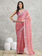 Janasya Mauve Linen Blend Floral Printed Saree - Distacart
