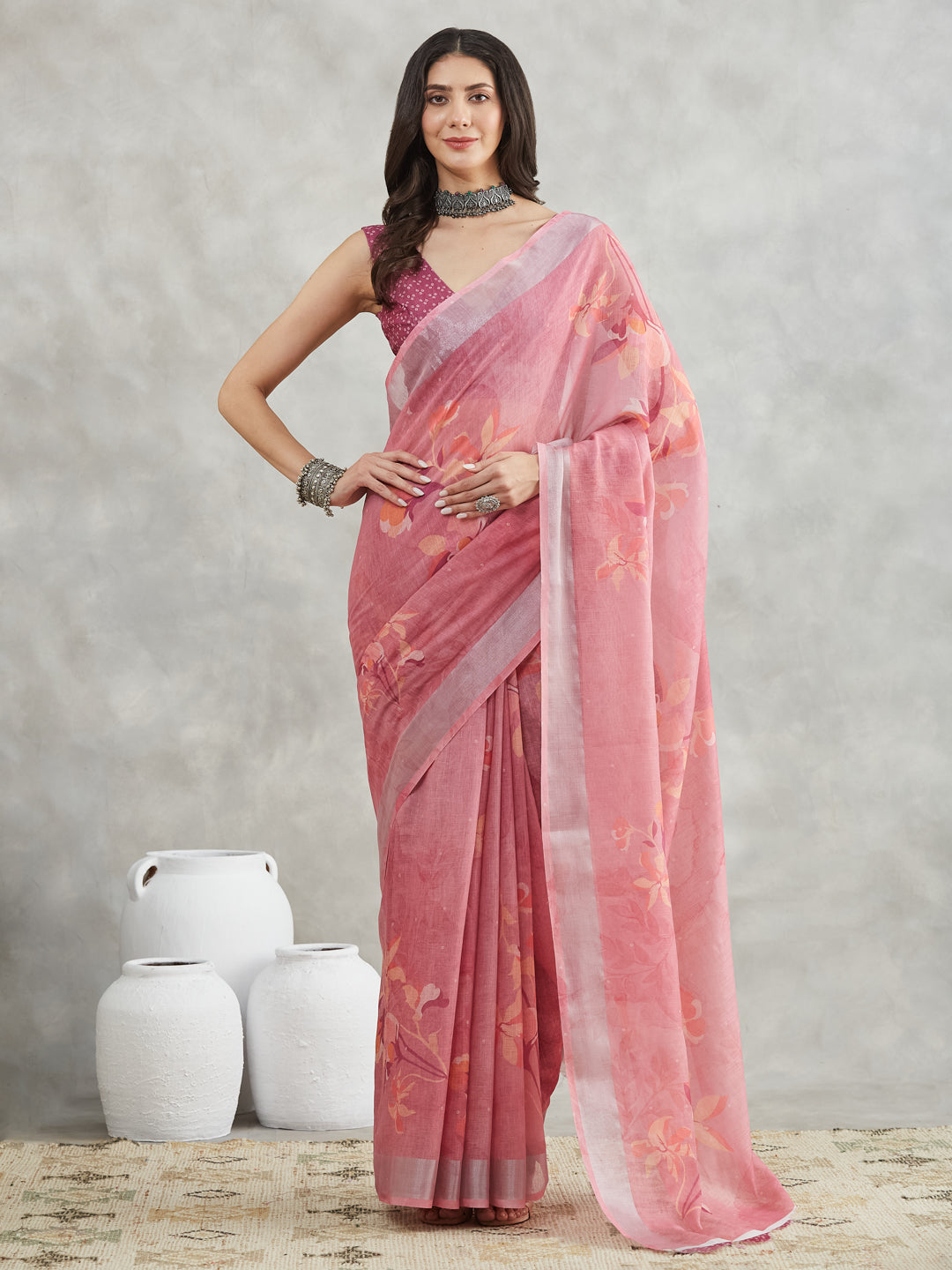 Janasya Mauve Linen Blend Floral Printed Saree - Distacart