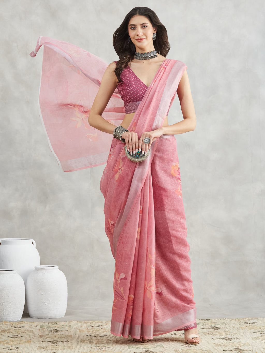 Janasya Mauve Linen Blend Floral Printed Saree - Distacart