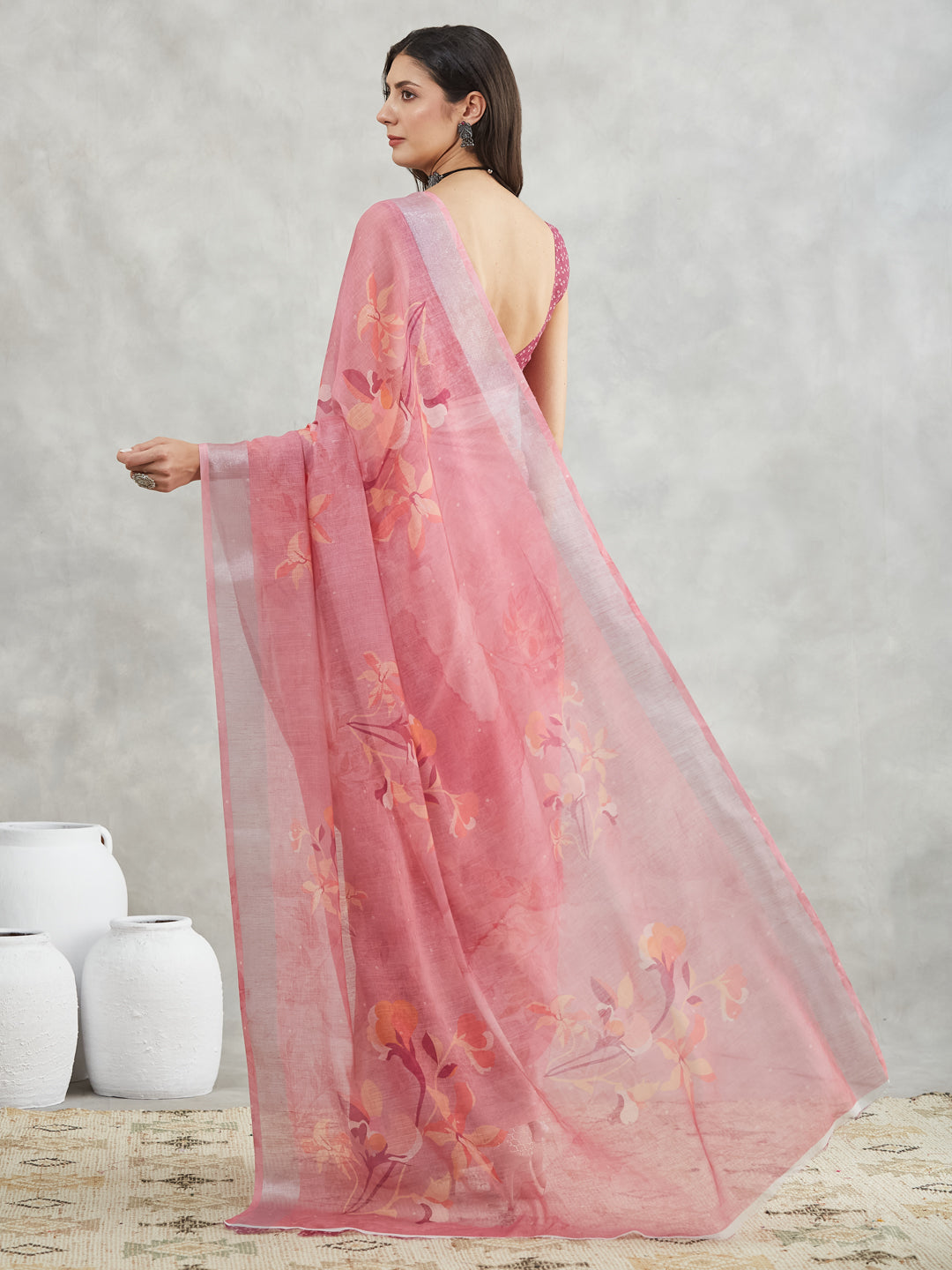 Janasya Mauve Linen Blend Floral Printed Saree - Distacart