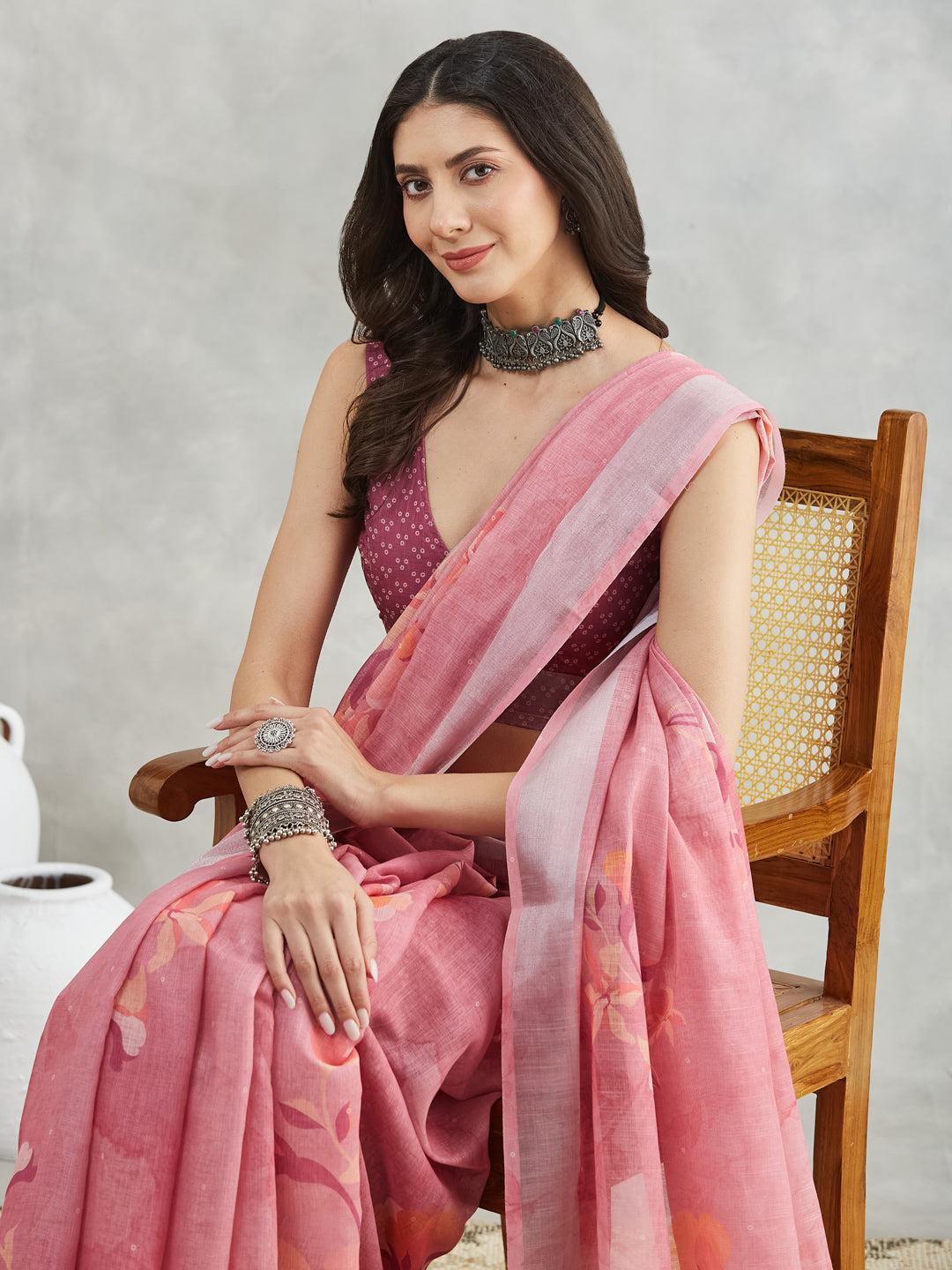Janasya Mauve Linen Blend Floral Printed Saree - Distacart