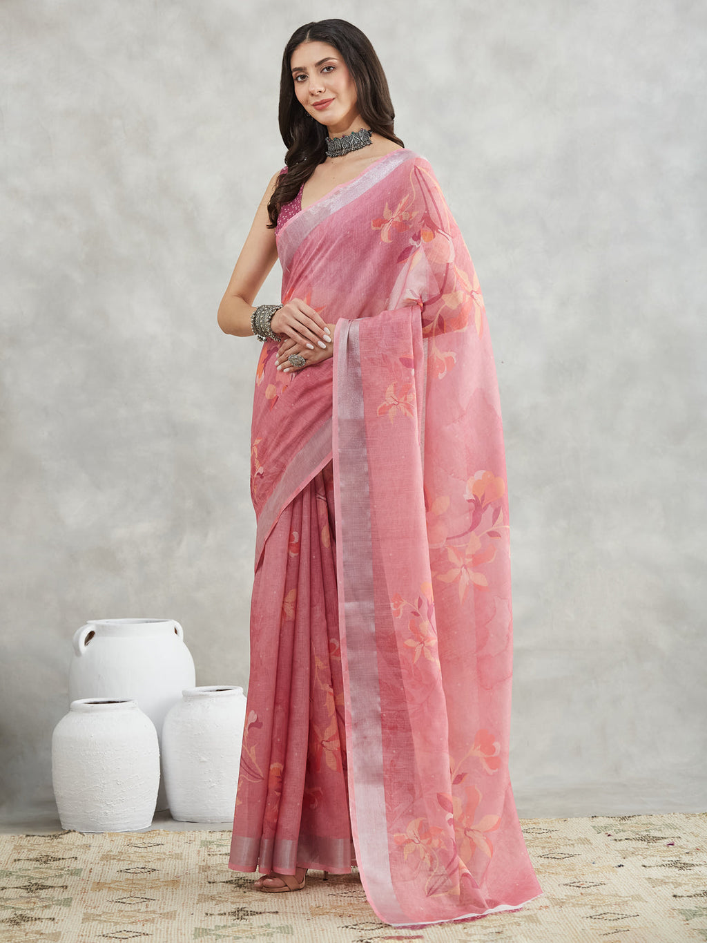 Janasya Mauve Linen Blend Floral Printed Saree - Distacart