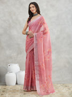 Janasya Mauve Linen Blend Floral Printed Saree - Distacart