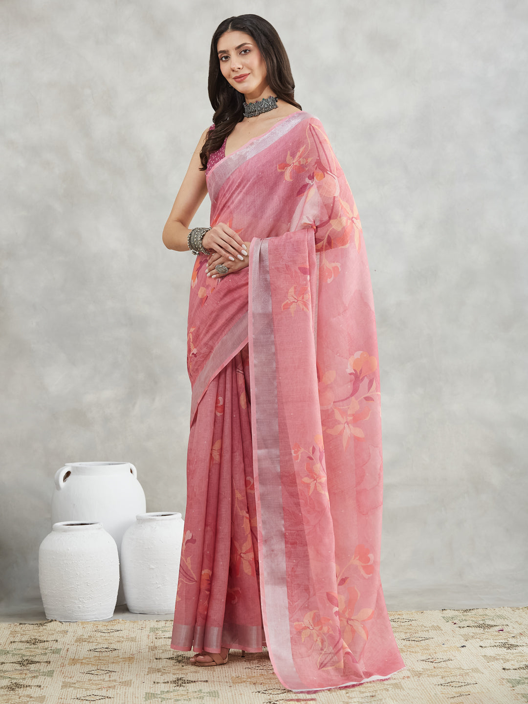 Janasya Mauve Linen Blend Floral Printed Saree - Distacart