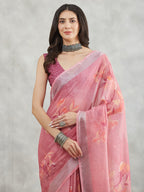 Janasya Mauve Linen Blend Floral Printed Saree - Distacart