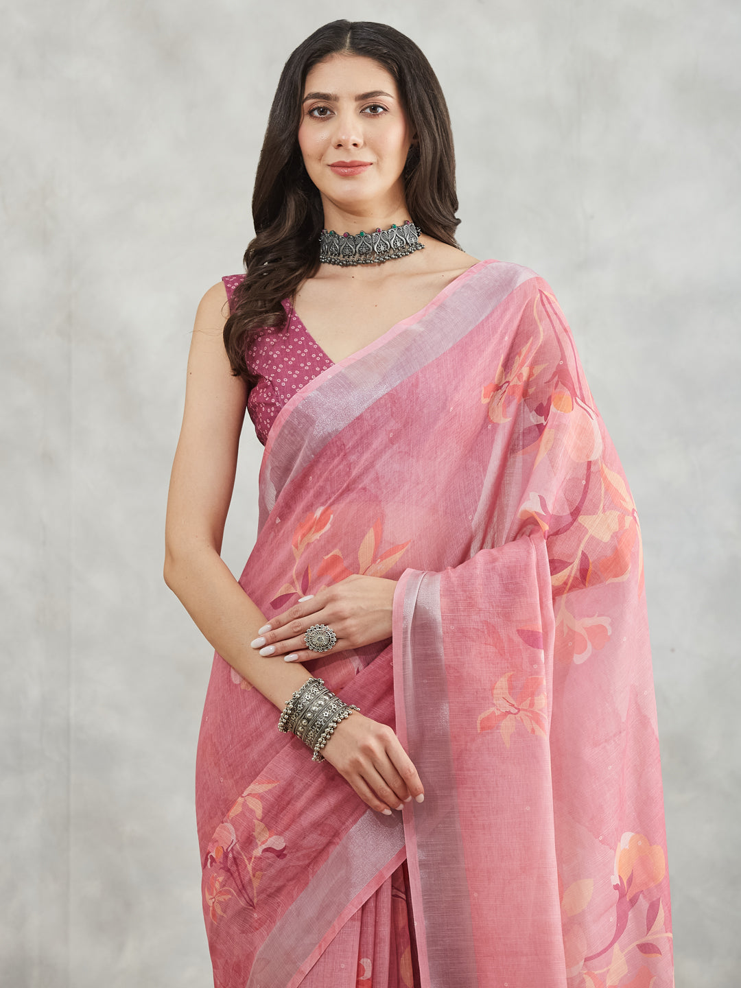 Janasya Mauve Linen Blend Floral Printed Saree - Distacart