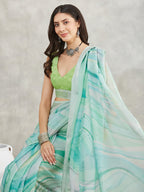 Janasya Sea Green Linen Blend Abstract Printed Saree - Distacart