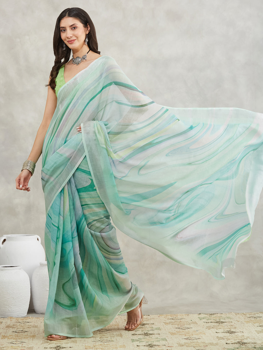 Janasya Sea Green Linen Blend Abstract Printed Saree - Distacart