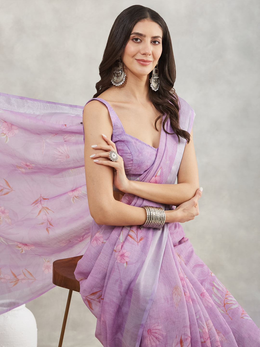 Janasya Lavender Linen Blend Floral Printed Saree - Distacart