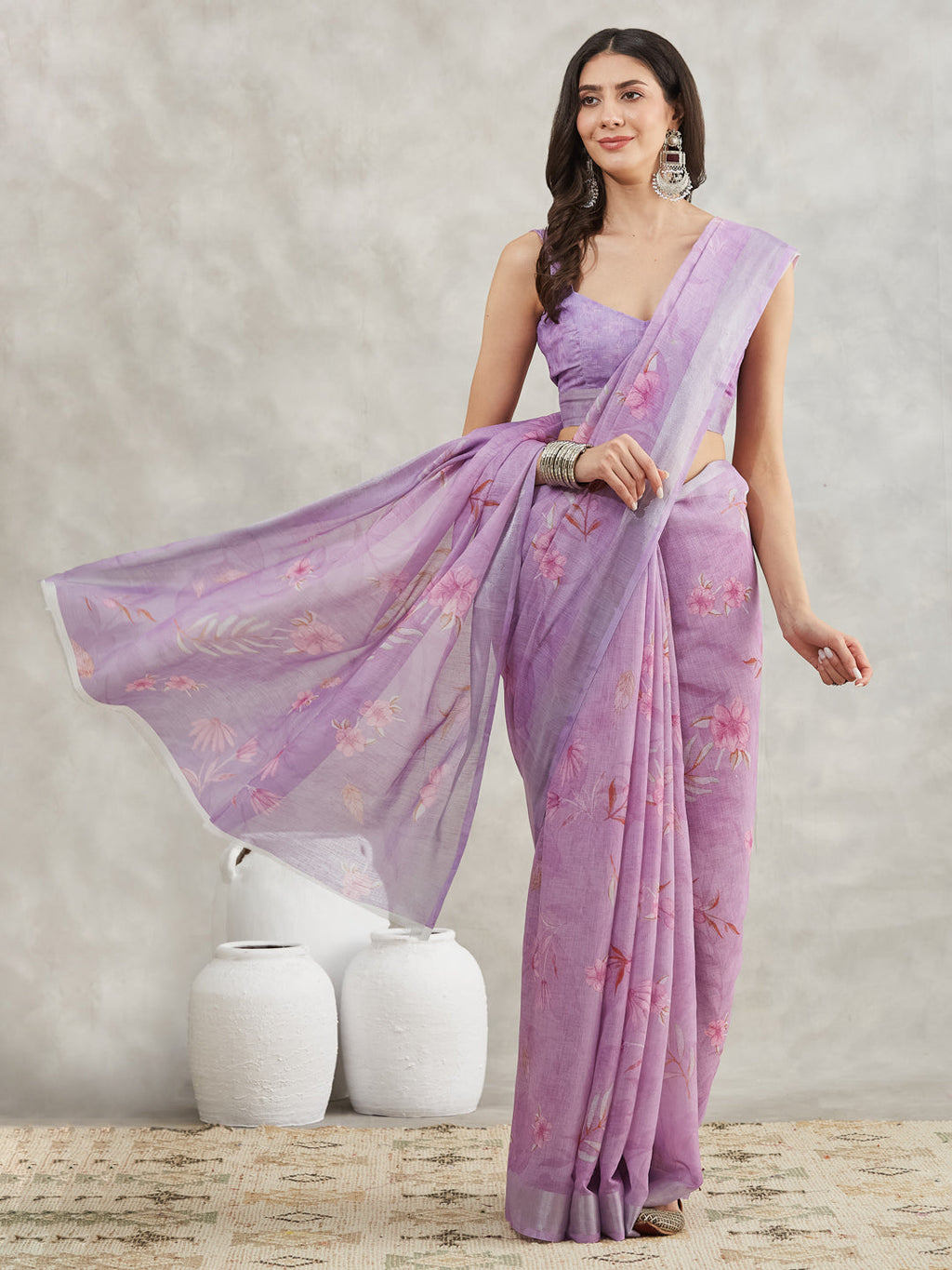 Janasya Lavender Linen Blend Floral Printed Saree - Distacart