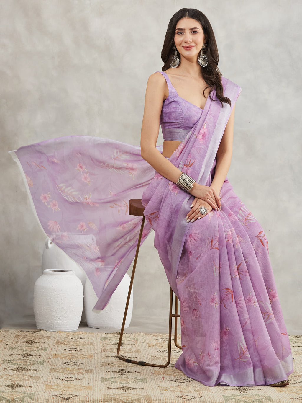 Janasya Lavender Linen Blend Floral Printed Saree - Distacart