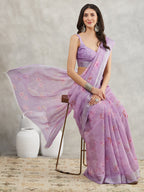 Janasya Lavender Linen Blend Floral Printed Saree - Distacart