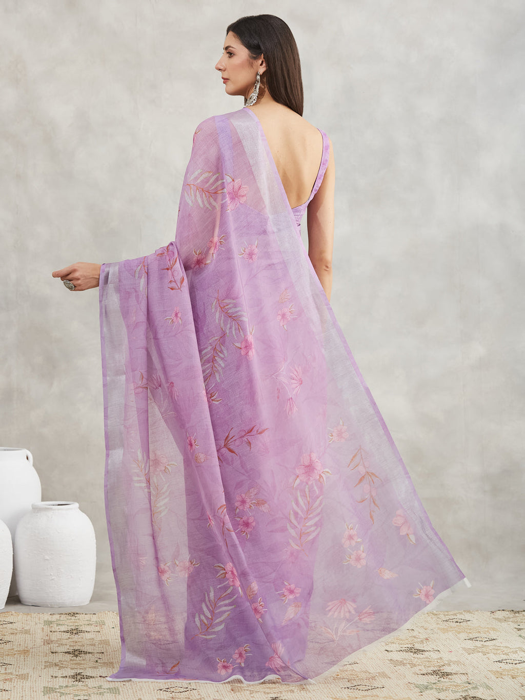 Janasya Lavender Linen Blend Floral Printed Saree - Distacart