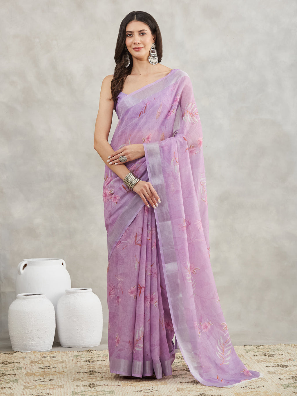 Janasya Lavender Linen Blend Floral Printed Saree - Distacart