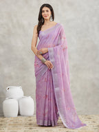 Janasya Lavender Linen Blend Floral Printed Saree - Distacart