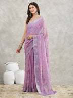 Janasya Lavender Linen Blend Floral Printed Saree - Distacart