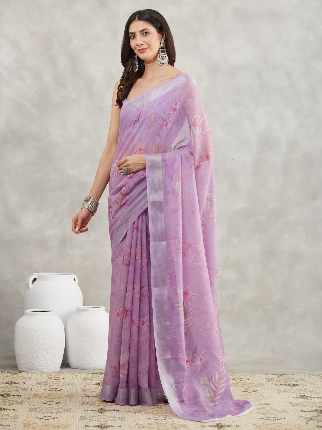 Janasya Lavender Linen Blend Floral Printed Saree - Distacart