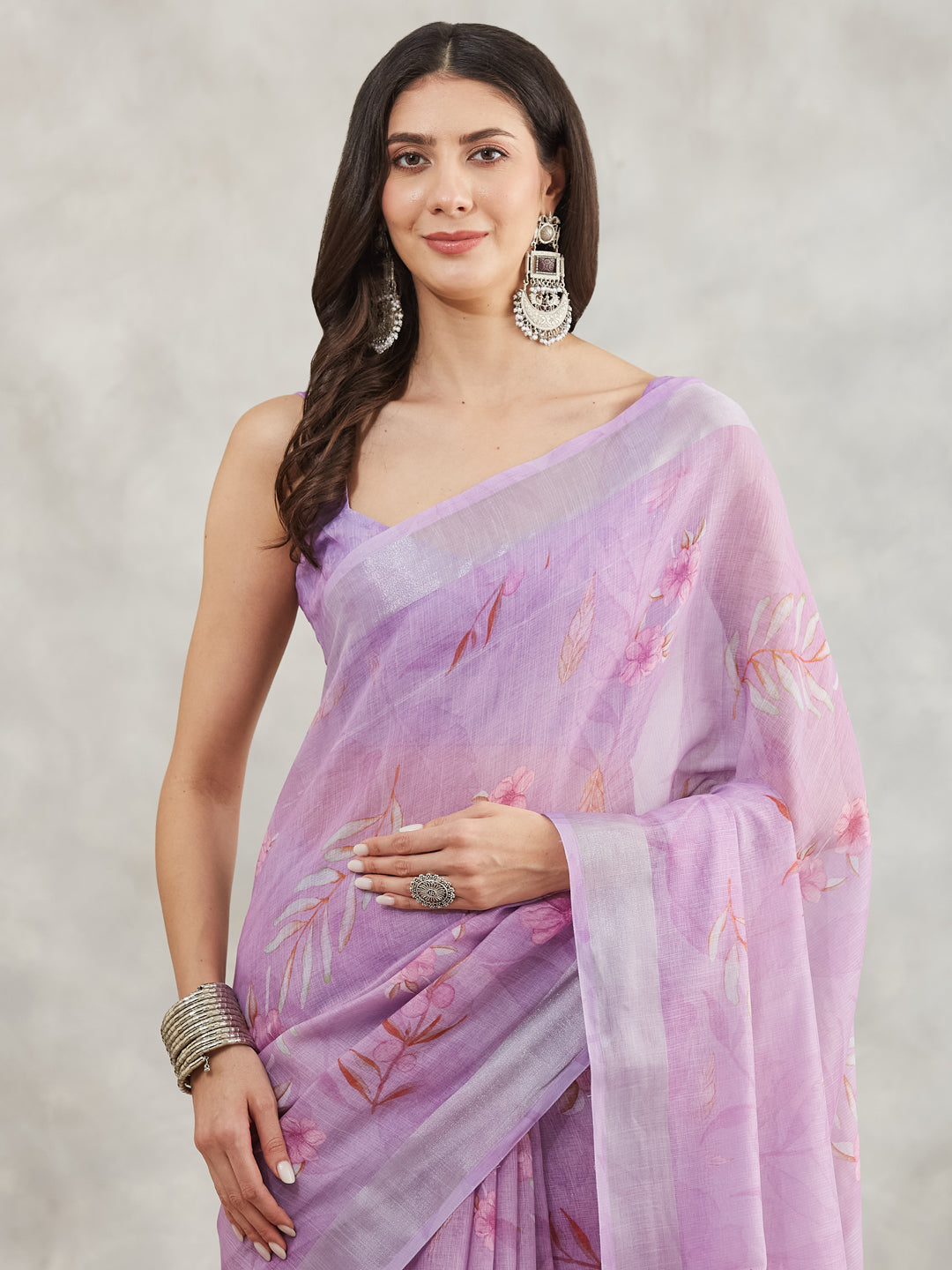 Janasya Lavender Linen Blend Floral Printed Saree - Distacart