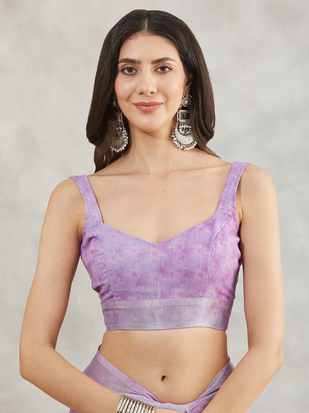 Janasya Lavender Linen Blend Floral Printed Saree - Distacart