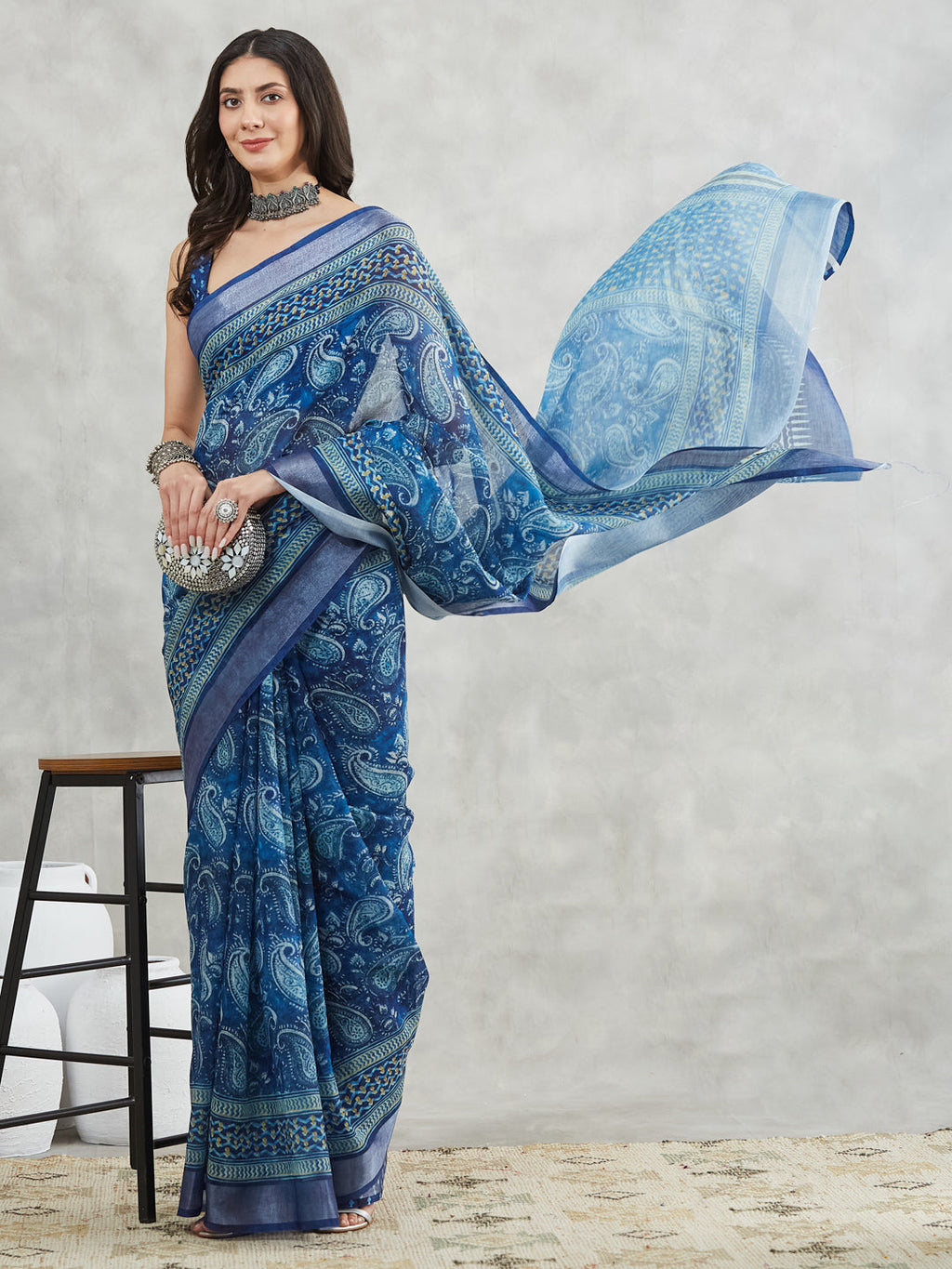 Janasya Blue Linen Blend Paisley Printed Saree - Distacart
