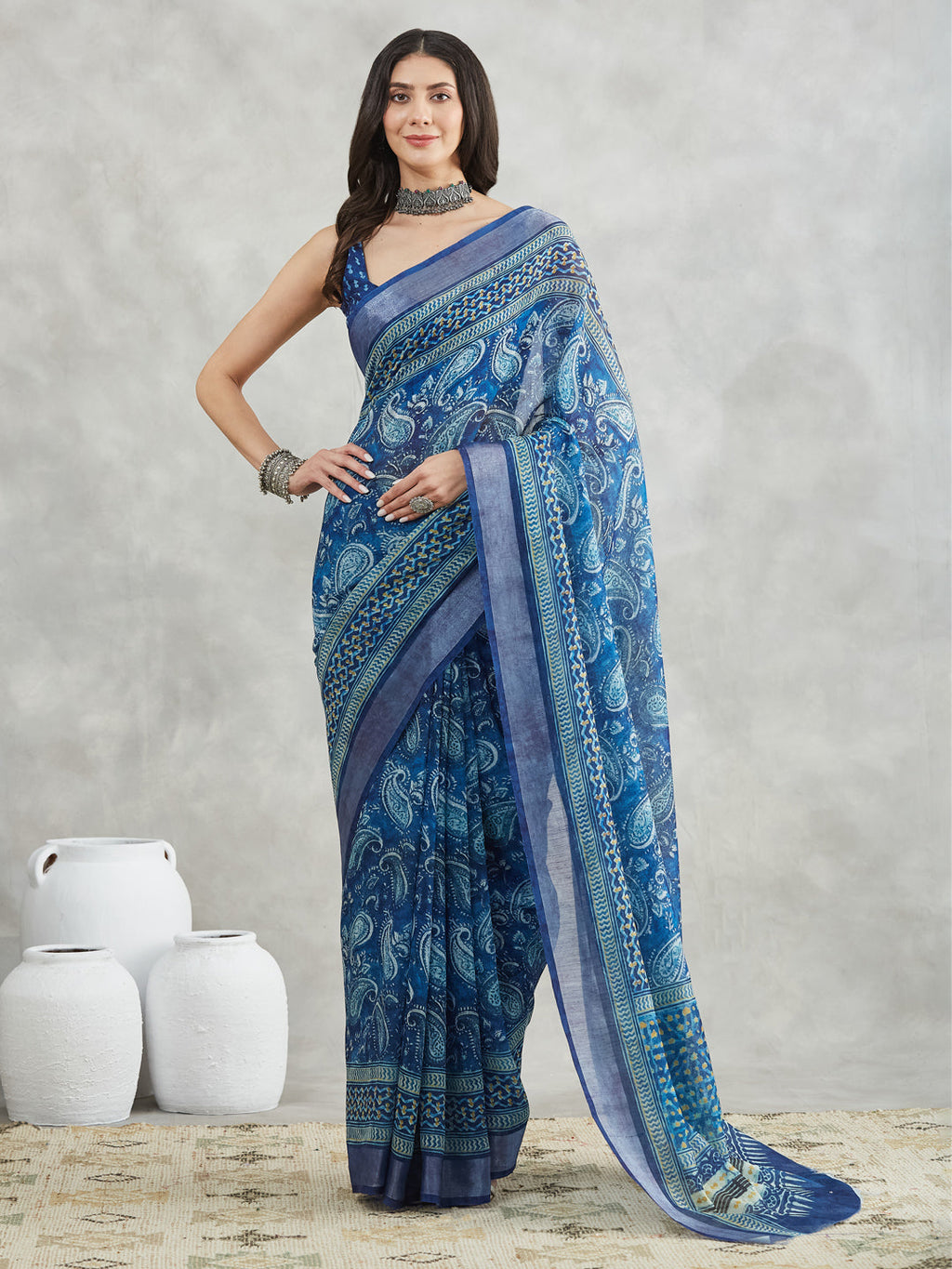 Janasya Blue Linen Blend Paisley Printed Saree - Distacart
