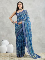 Janasya Blue Linen Blend Paisley Printed Saree - Distacart