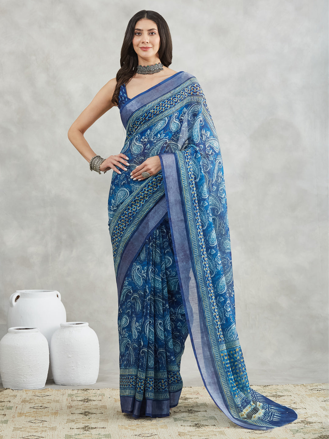 Janasya Blue Linen Blend Paisley Printed Saree - Distacart