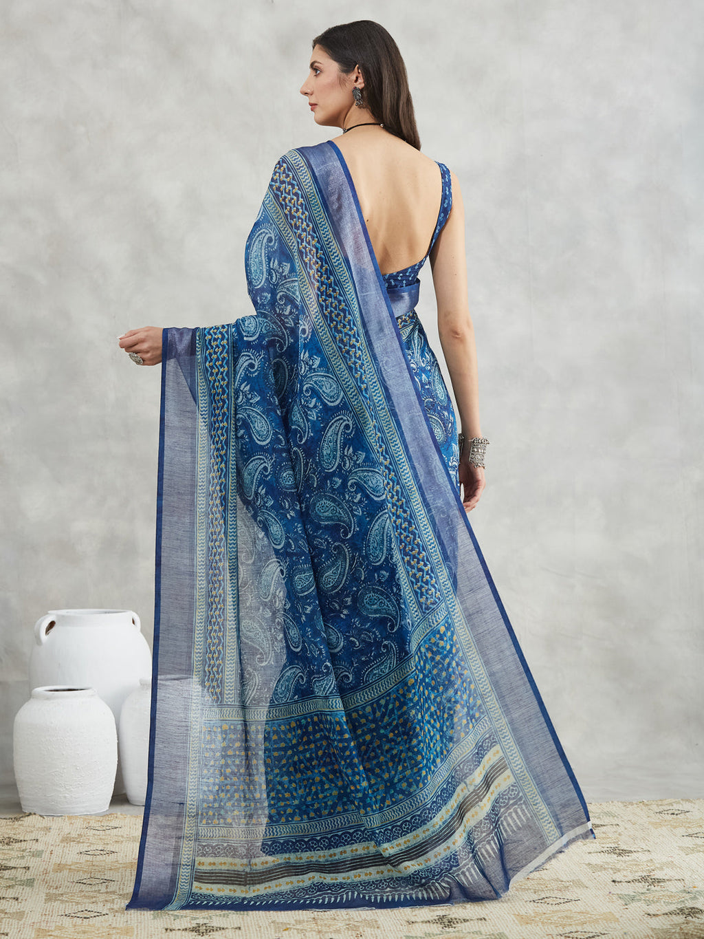 Janasya Blue Linen Blend Paisley Printed Saree - Distacart