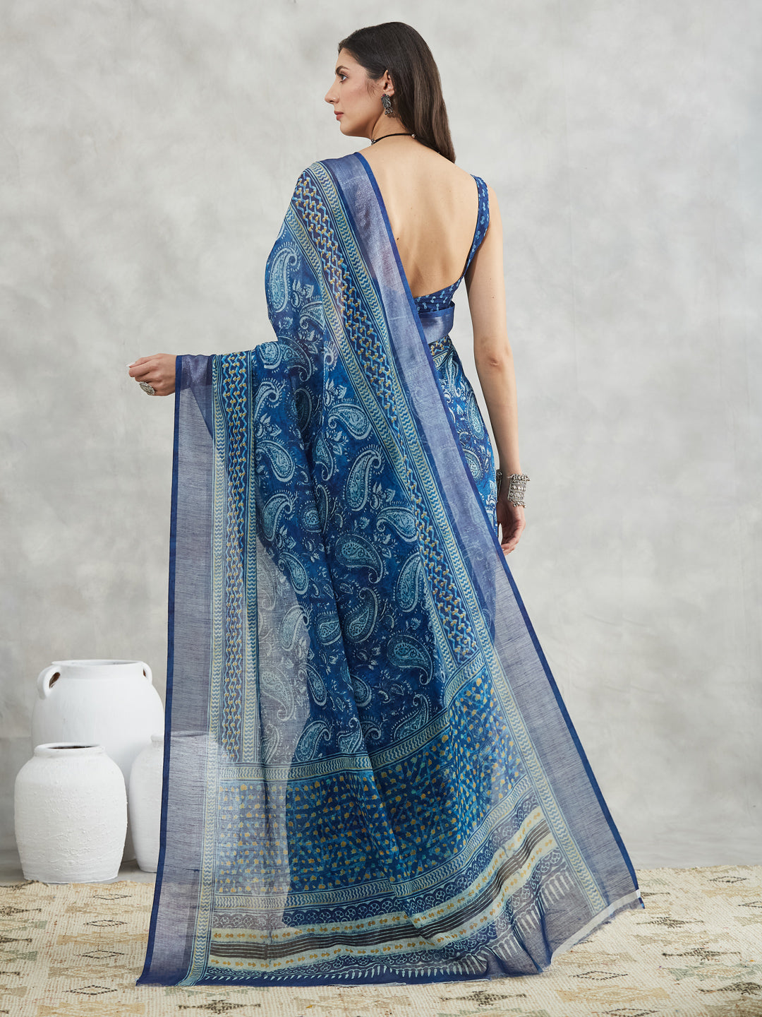 Janasya Blue Linen Blend Paisley Printed Saree - Distacart