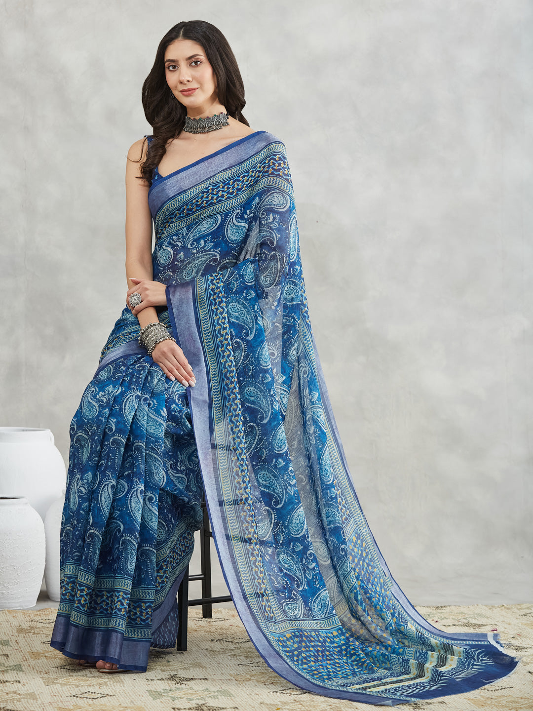 Janasya Blue Linen Blend Paisley Printed Saree - Distacart