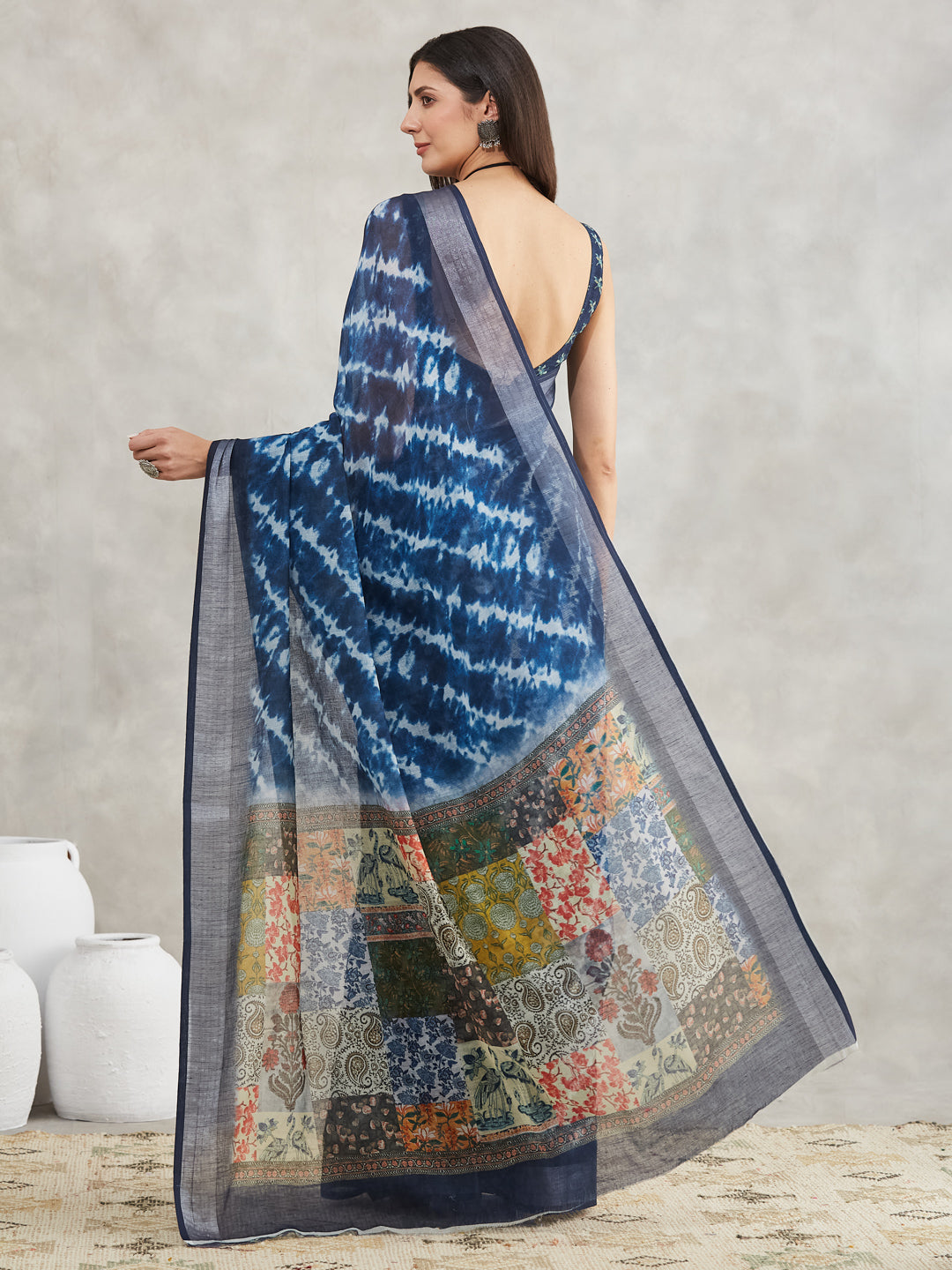 Janasya Indigo Linen Blend Tie & Dye Printed Saree - Distacart