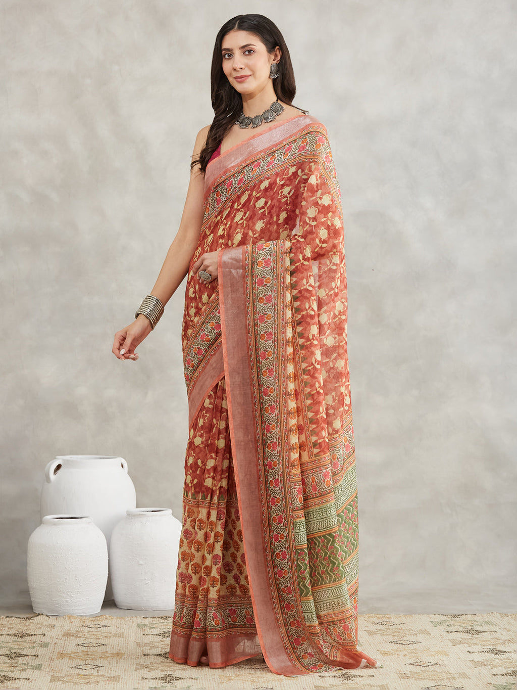 Janasya Rust Linen Blend Batik Printed Saree - Distacart