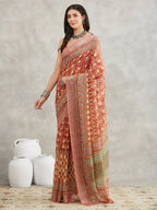 Janasya Rust Linen Blend Batik Printed Saree - Distacart