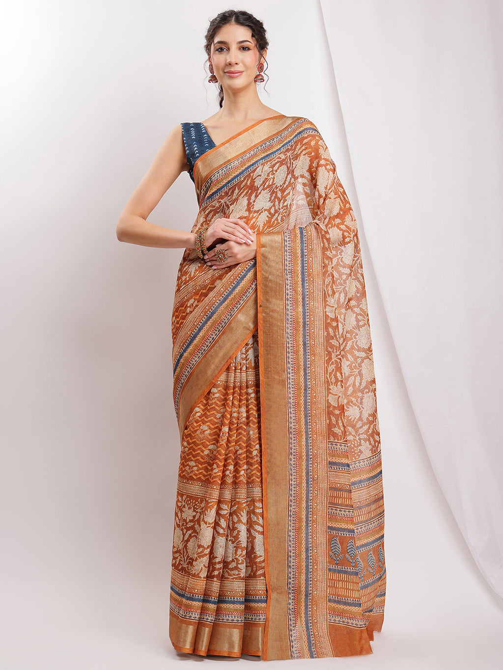 Janasya Brown Linen Blend Ethnic Motifs Printed Saree - Distacart