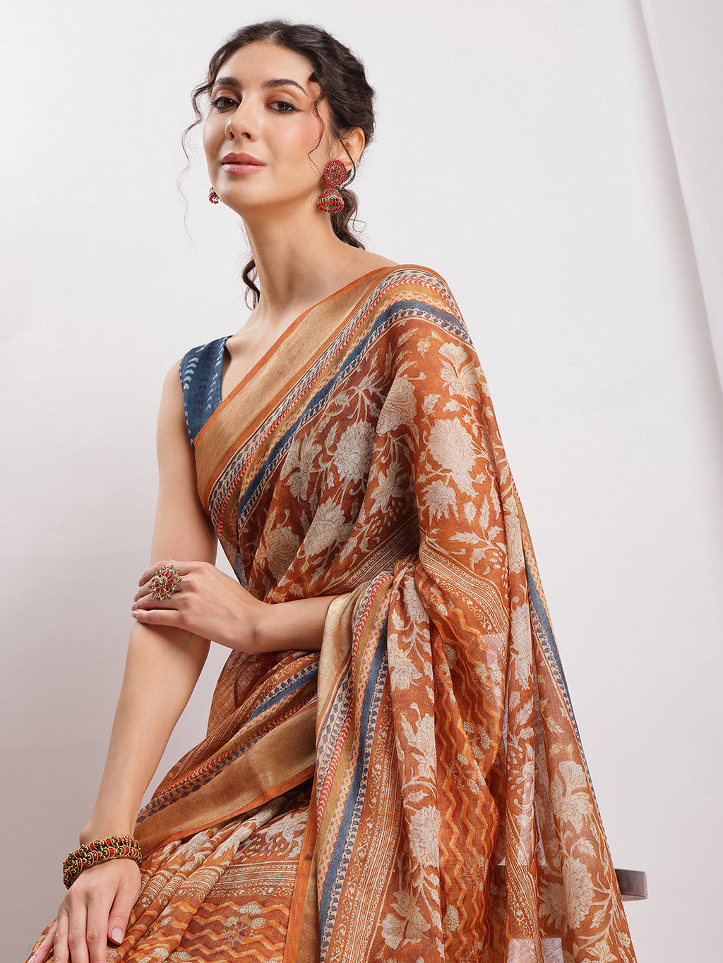Janasya Brown Linen Blend Ethnic Motifs Printed Saree - Distacart