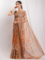 Janasya Brown Linen Blend Ethnic Motifs Printed Saree - Distacart