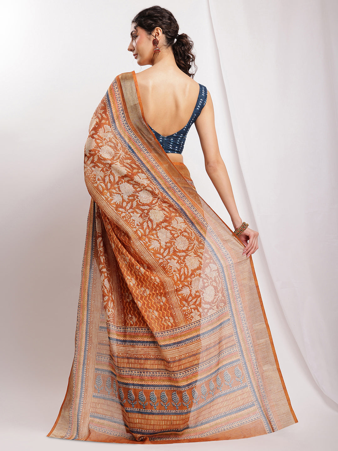 Janasya Brown Linen Blend Ethnic Motifs Printed Saree - Distacart
