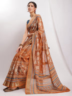 Janasya Brown Linen Blend Ethnic Motifs Printed Saree - Distacart