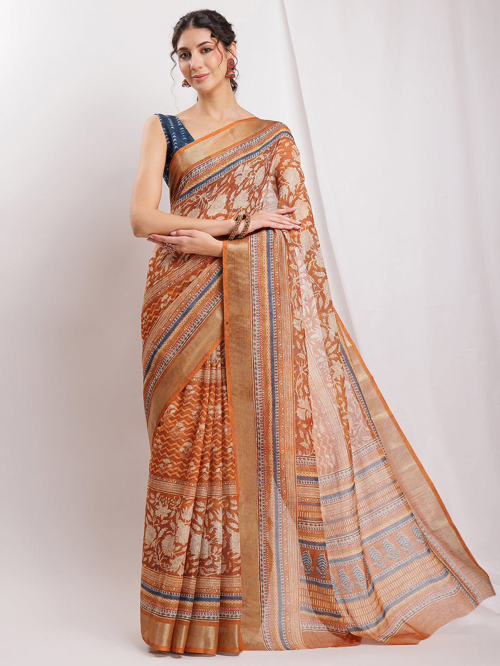 Janasya Brown Linen Blend Ethnic Motifs Printed Saree - Distacart