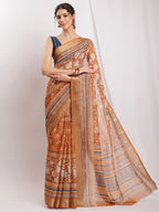 Janasya Brown Linen Blend Ethnic Motifs Printed Saree - Distacart