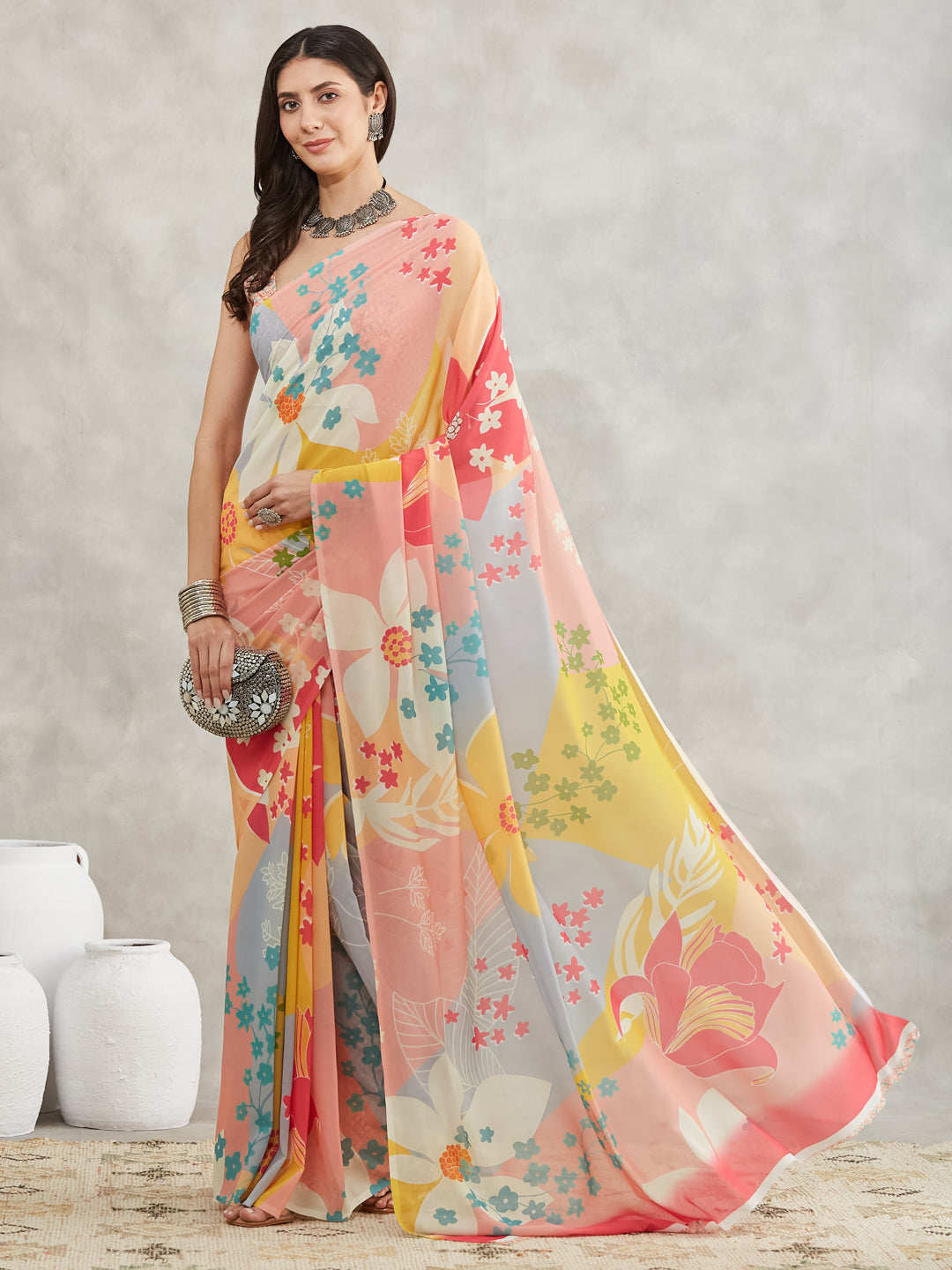 Janasya Multicolor Georgette Floral Printed Saree - Distacart