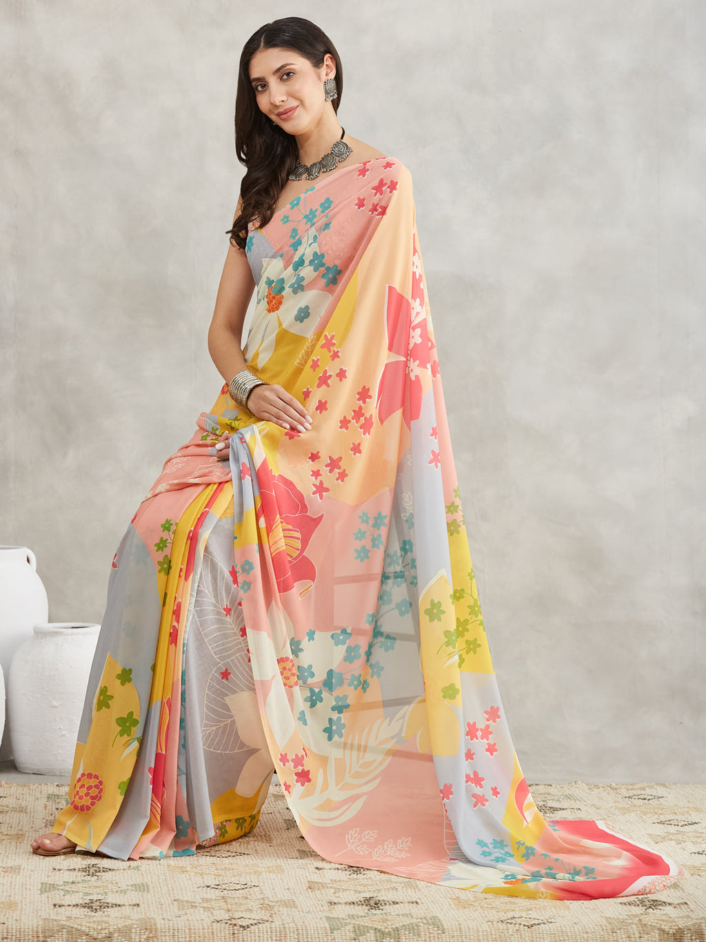 Janasya Multicolor Georgette Floral Printed Saree - Distacart
