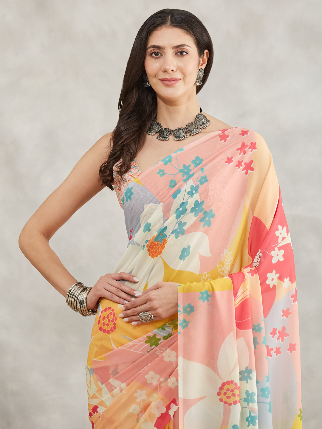 Janasya Multicolor Georgette Floral Printed Saree - Distacart