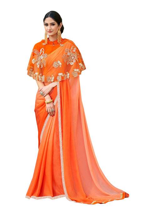 Vamika Orange Designer Saree With Double Blouse 1. Plain Silk Blouse 2. Poncho Blouse (With Embroidery And Stone Work)