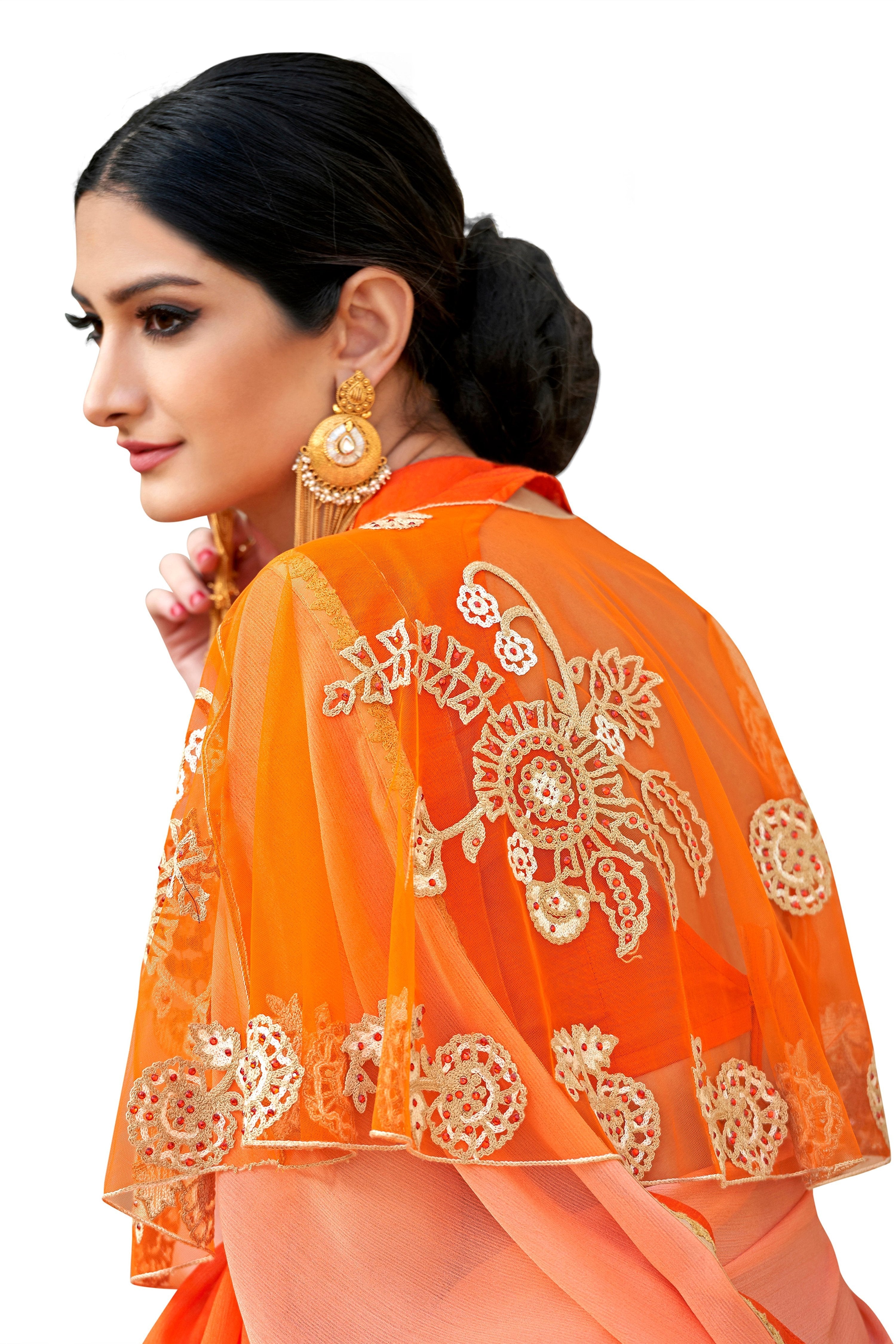 Vamika Orange Designer Saree With Double Blouse 1. Plain Silk Blouse 2. Poncho Blouse (With Embroidery And Stone Work)