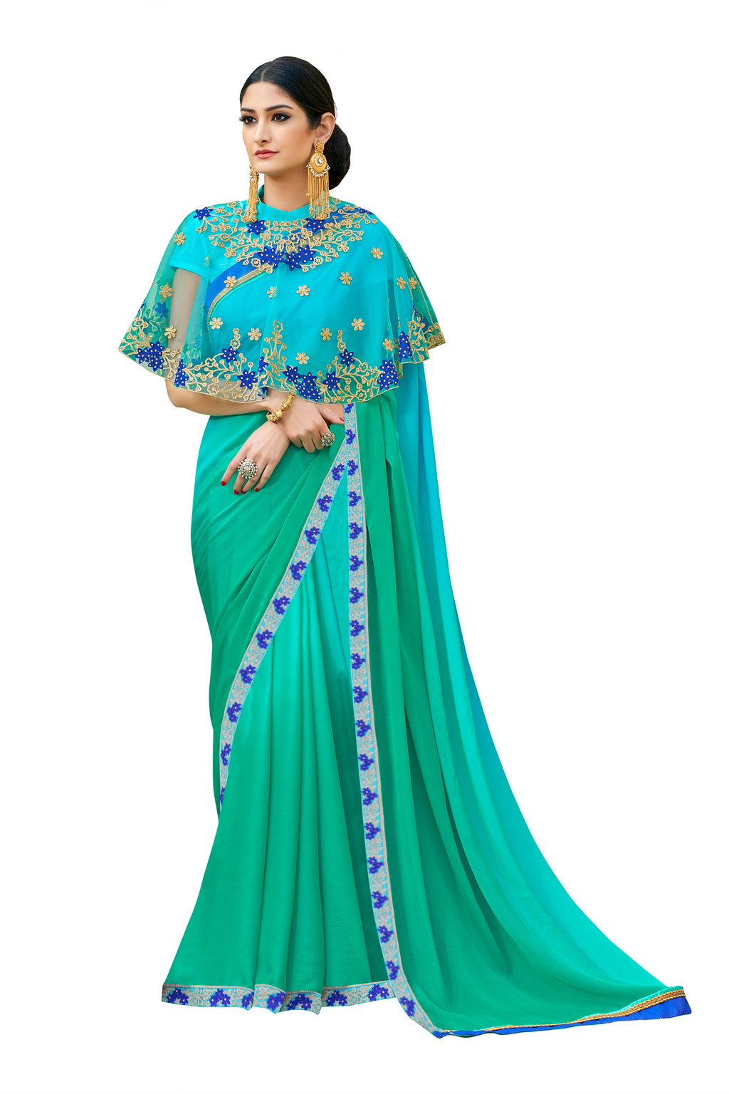 Vamika Rama Green Designer Saree With Double Blouse 1. Plain Silk Blouse 2. Poncho Blouse (With Embroidery And Stone Work)