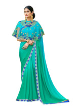 Vamika Rama Green Designer Saree With Double Blouse 1. Plain Silk Blouse 2. Poncho Blouse (With Embroidery And Stone Work)