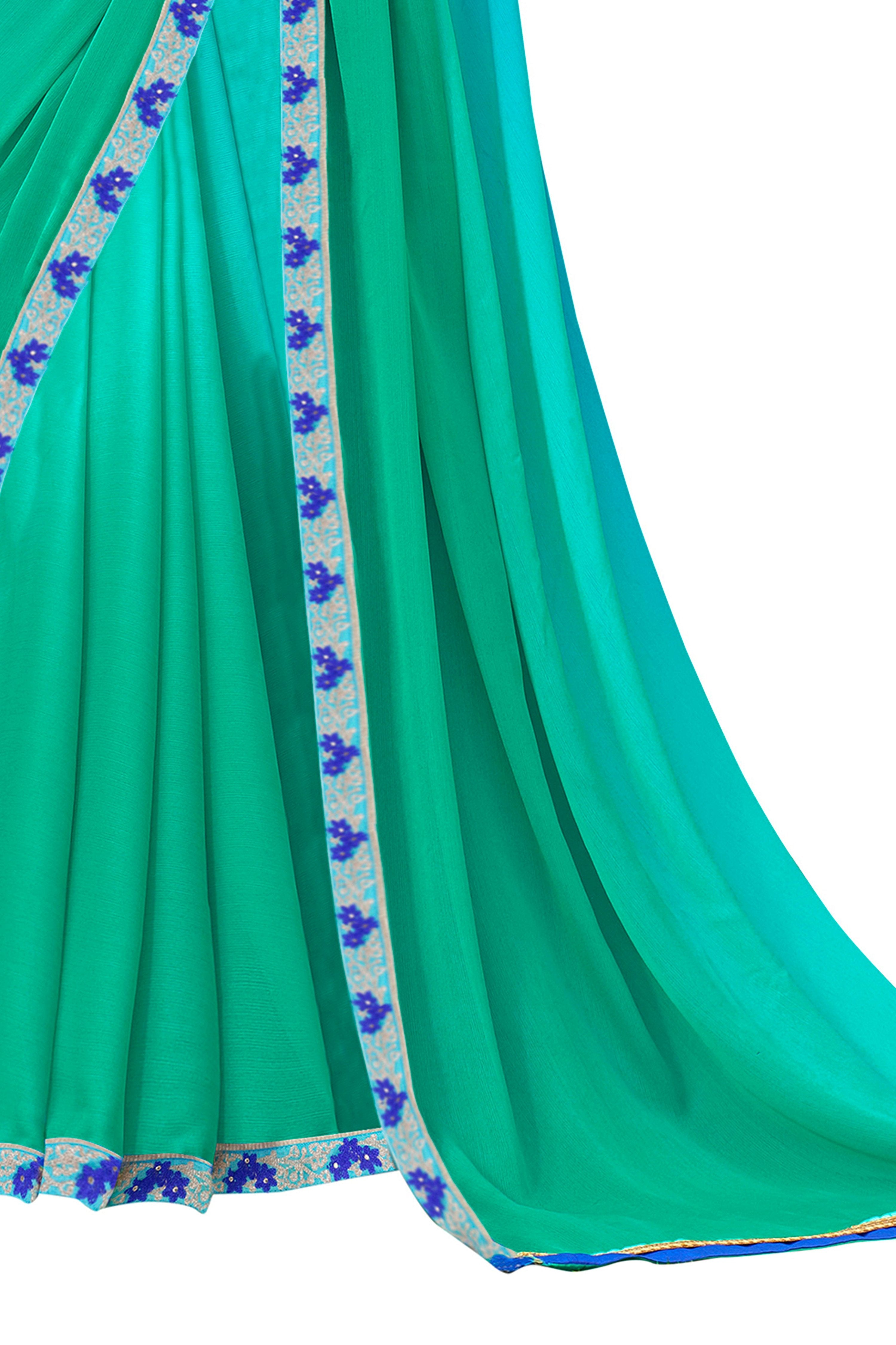 Vamika Rama Green Designer Saree With Double Blouse 1. Plain Silk Blouse 2. Poncho Blouse (With Embroidery And Stone Work)