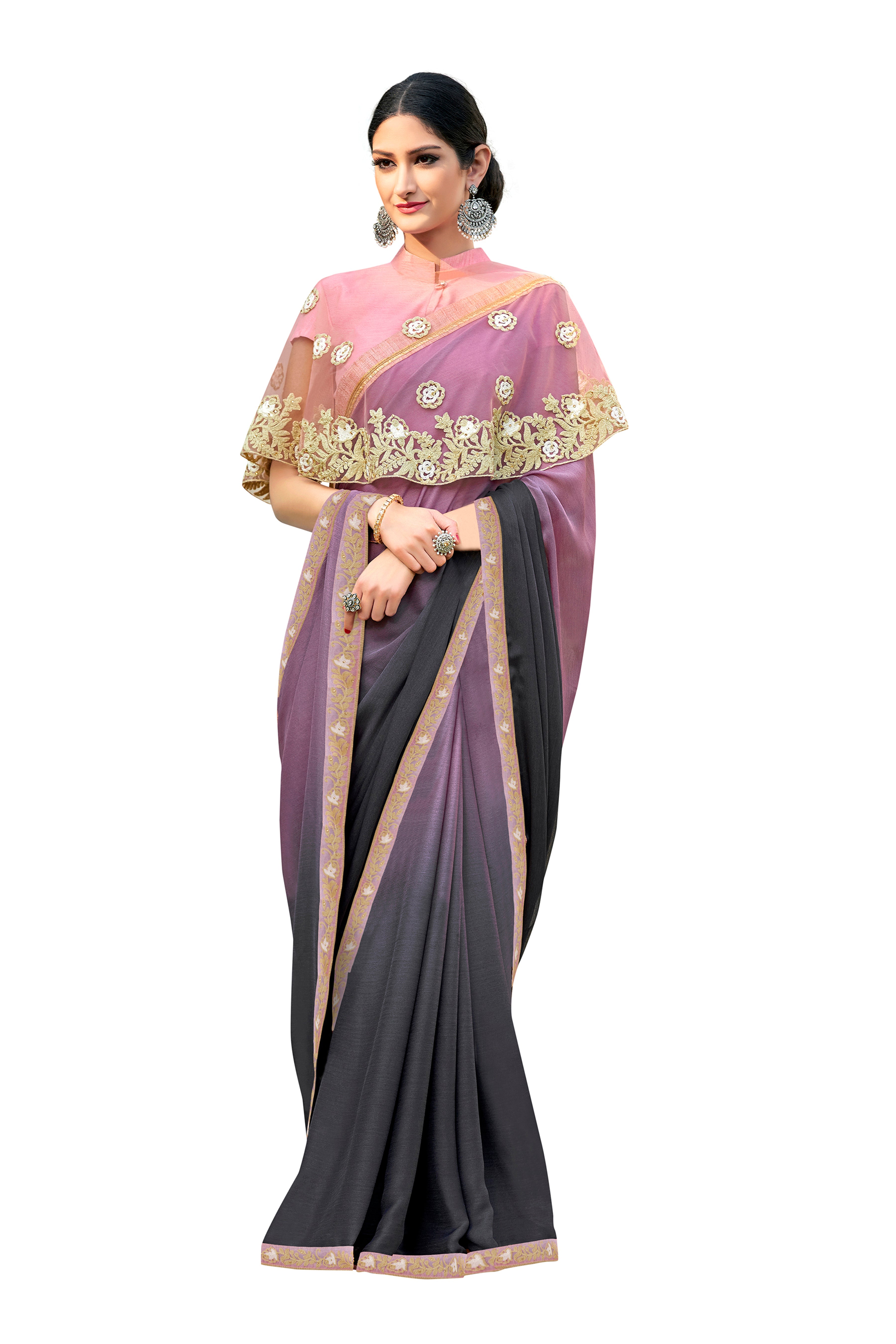 Vamika Purple Designer Saree With Double Blouse 1. Plain Silk Blouse 2. Poncho Blouse (With Embroidery And Stone Work)