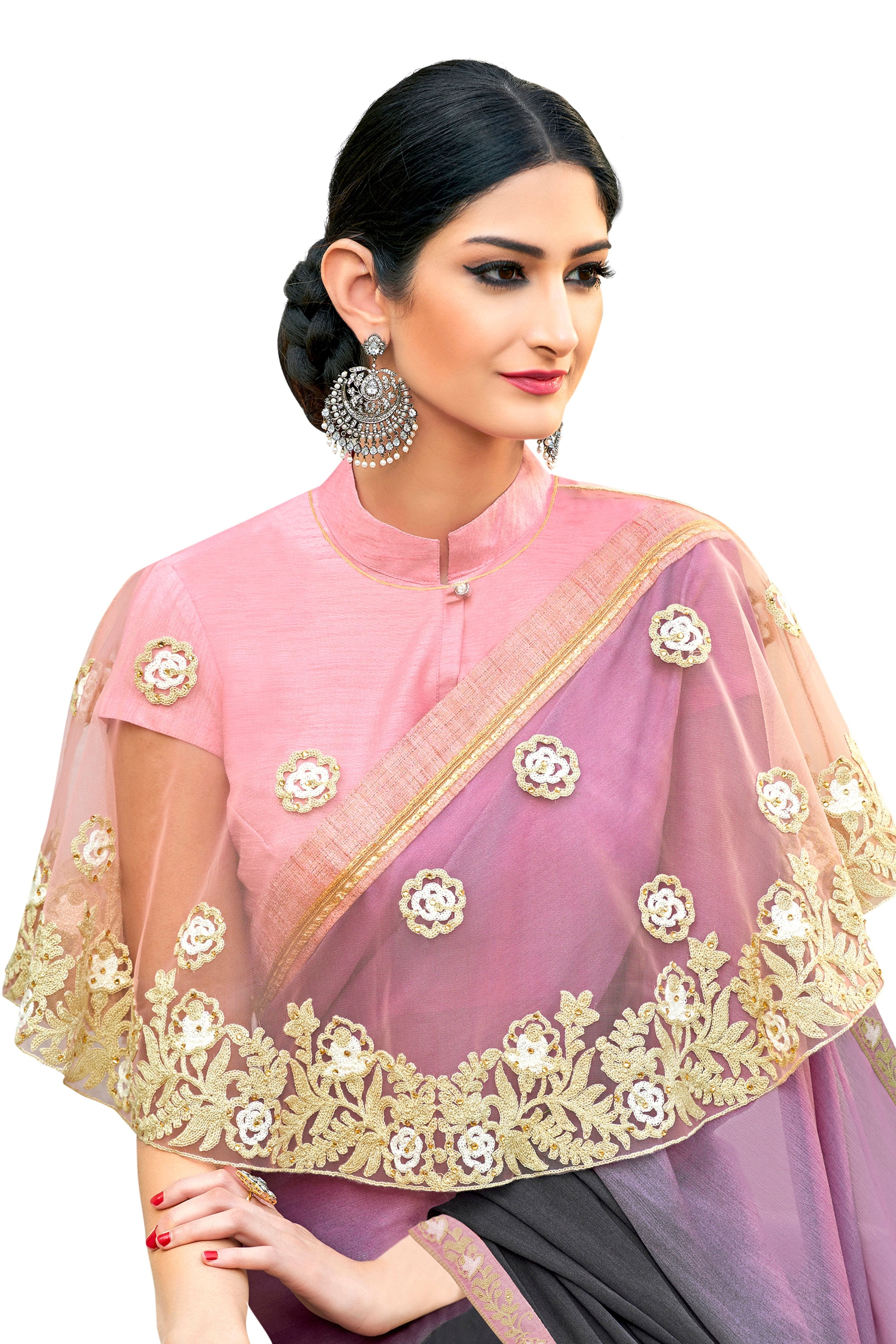 Vamika Purple Designer Saree With Double Blouse 1. Plain Silk Blouse 2. Poncho Blouse (With Embroidery And Stone Work)